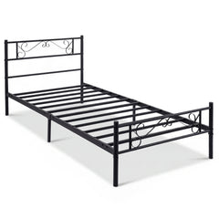 Modern Metal Bed Frame with Floral Headboard and Footboard-Black Single Size