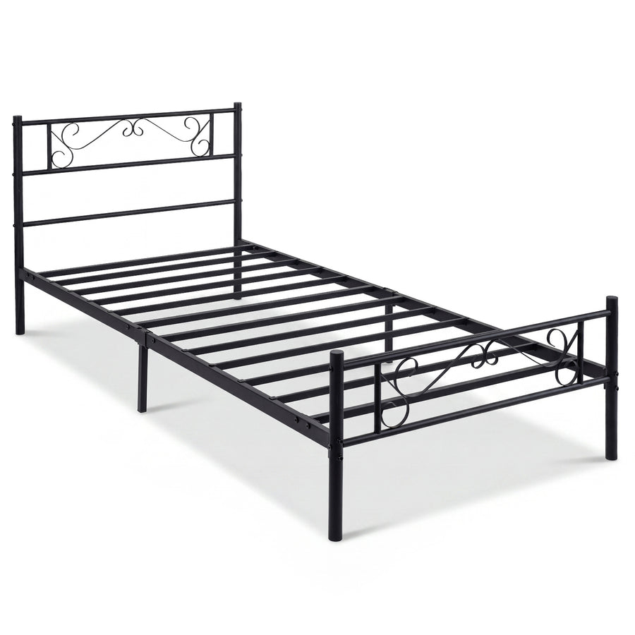 Modern Metal Bed Frame with Floral Headboard and Footboard-Black Single Size