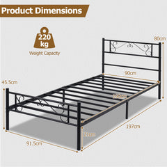 Modern Metal Bed Frame with Floral Headboard and Footboard-Black Single Size
