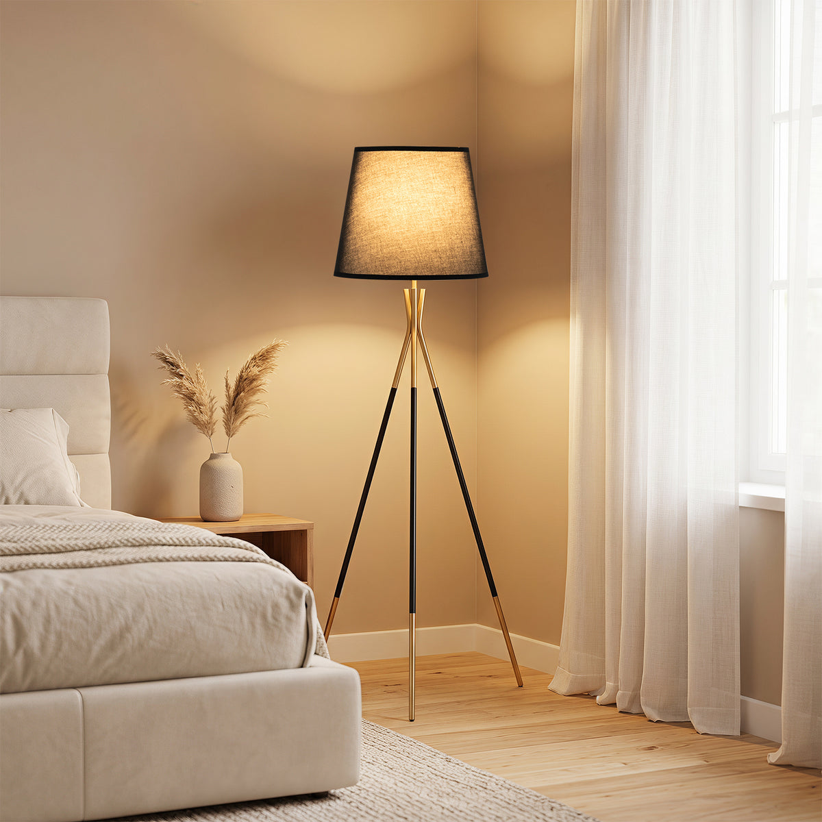 Modern Metal Tripod Floor Lamp with Fabric Shade157 cm Tall Standing Lamp-Black
