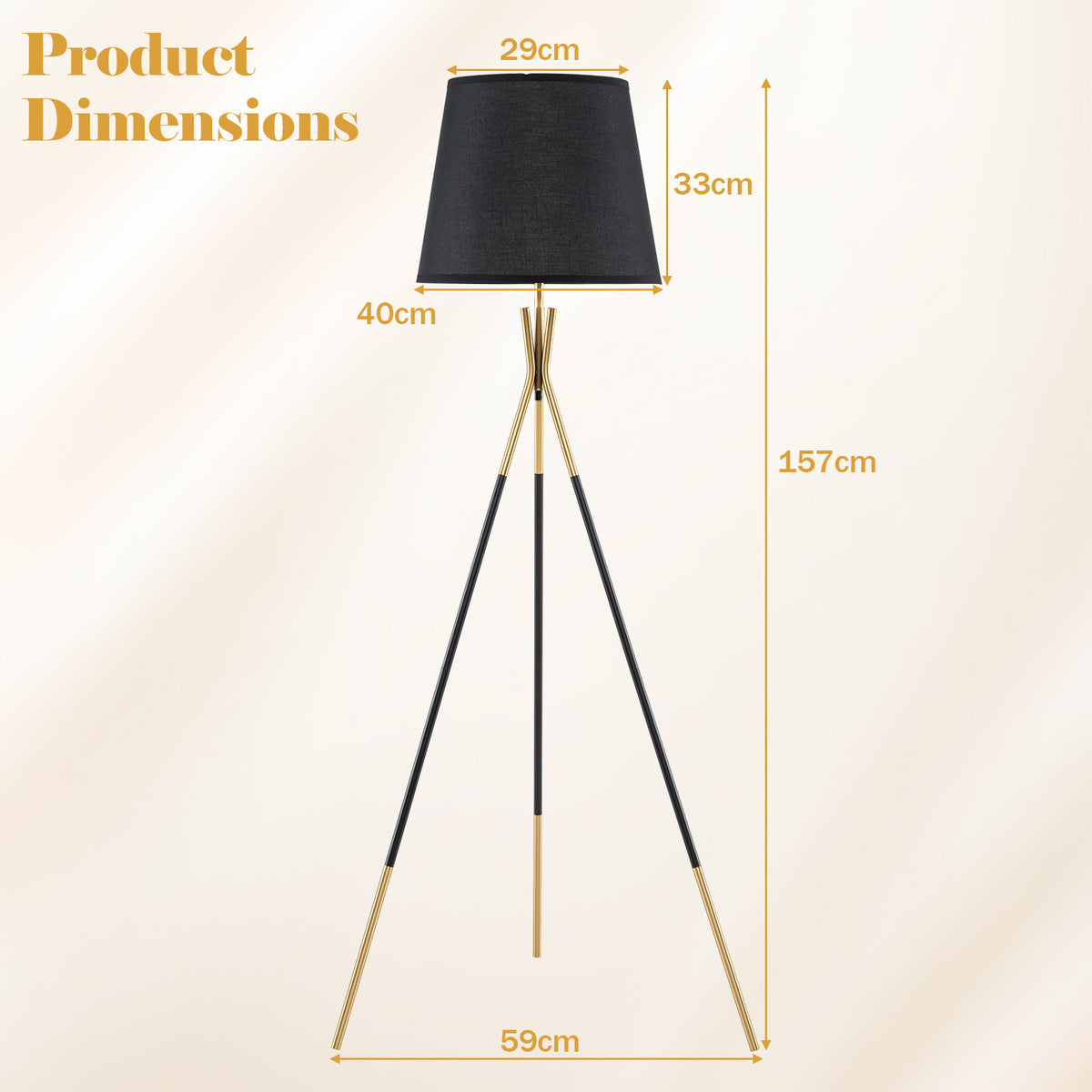 Modern Metal Tripod Floor Lamp with Fabric Shade157 cm Tall Standing Lamp-Black