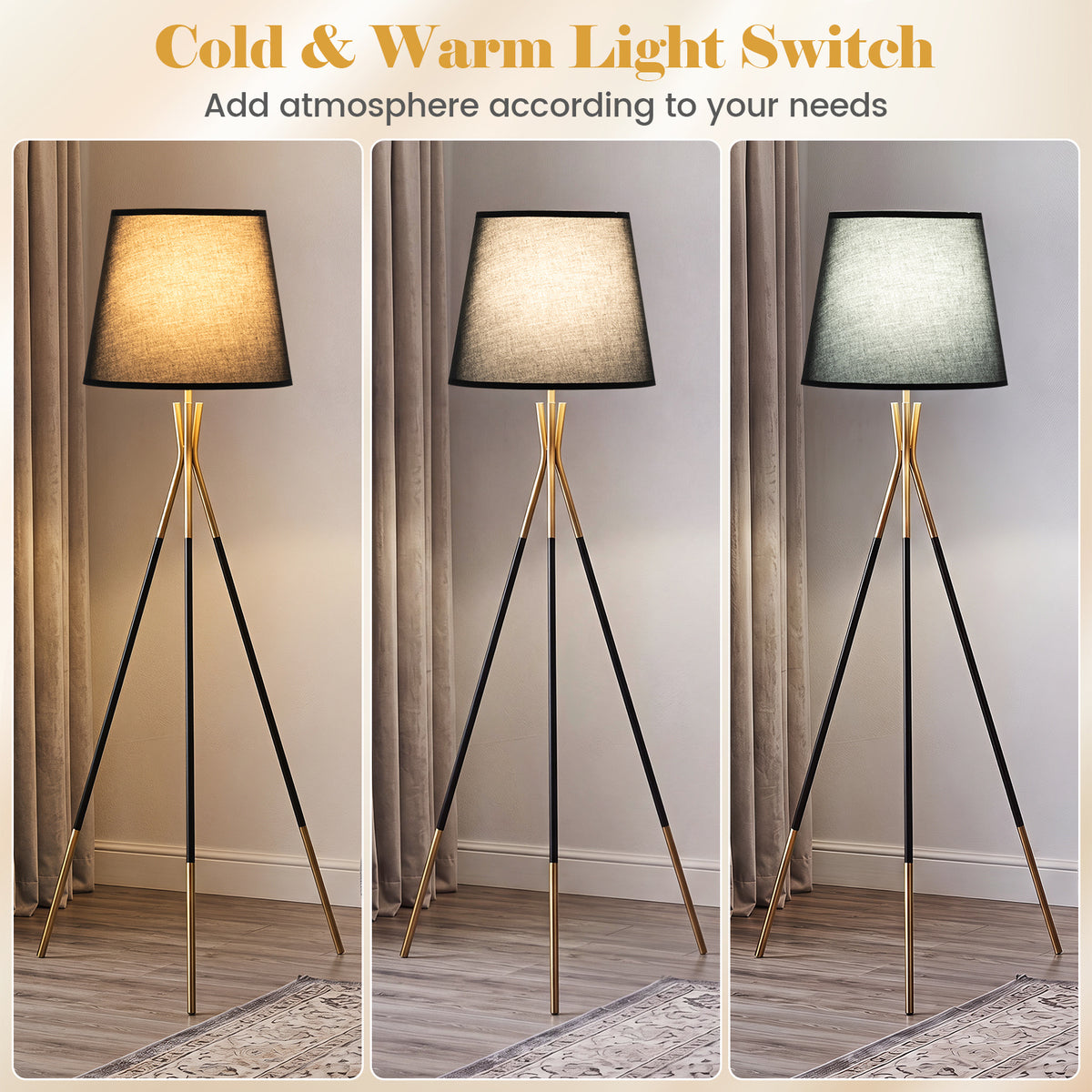 Modern Metal Tripod Floor Lamp with Fabric Shade157 cm Tall Standing Lamp-Black