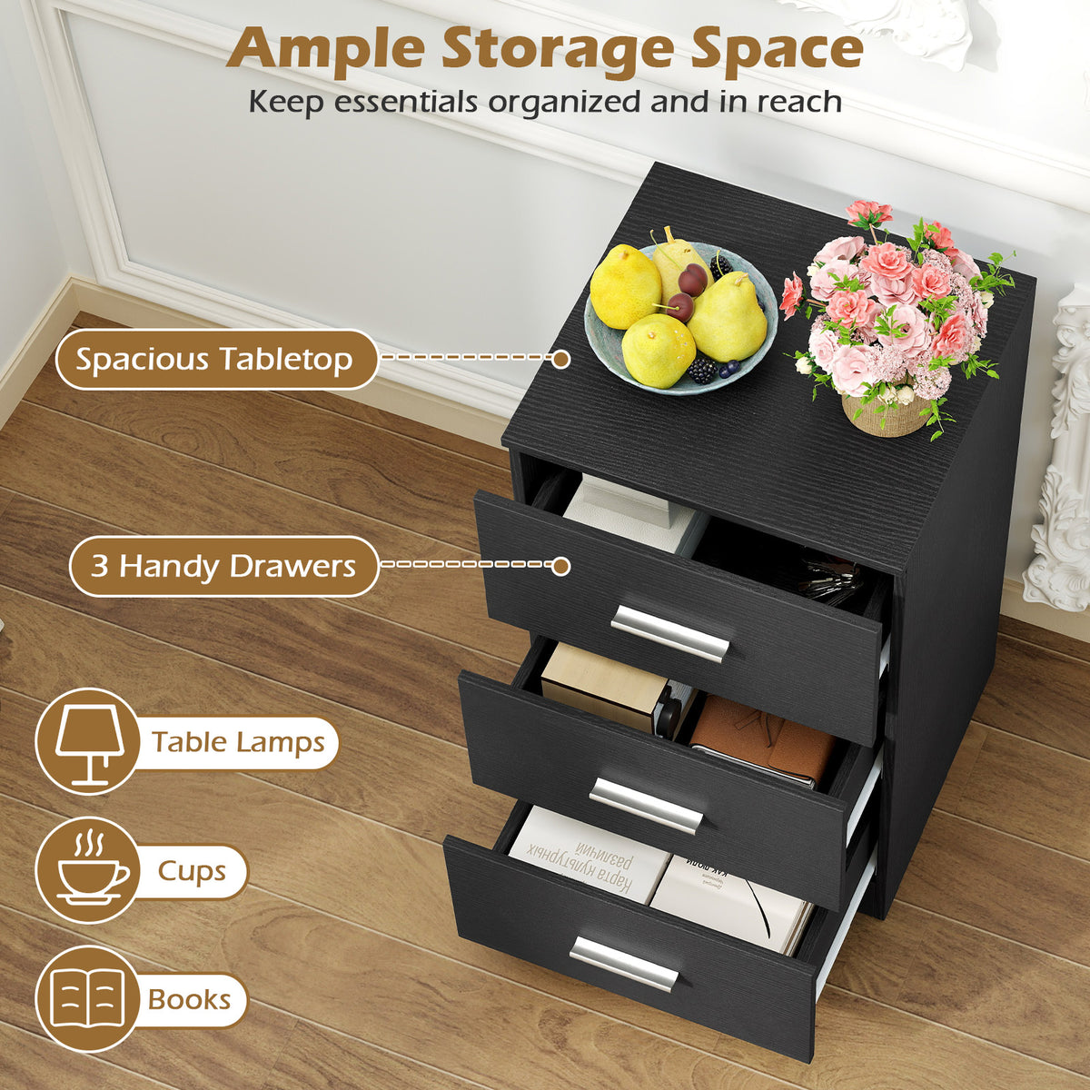 Modern Nightstand End Table with 3 Storage Drawers 2 Anti-tip Kits-Black