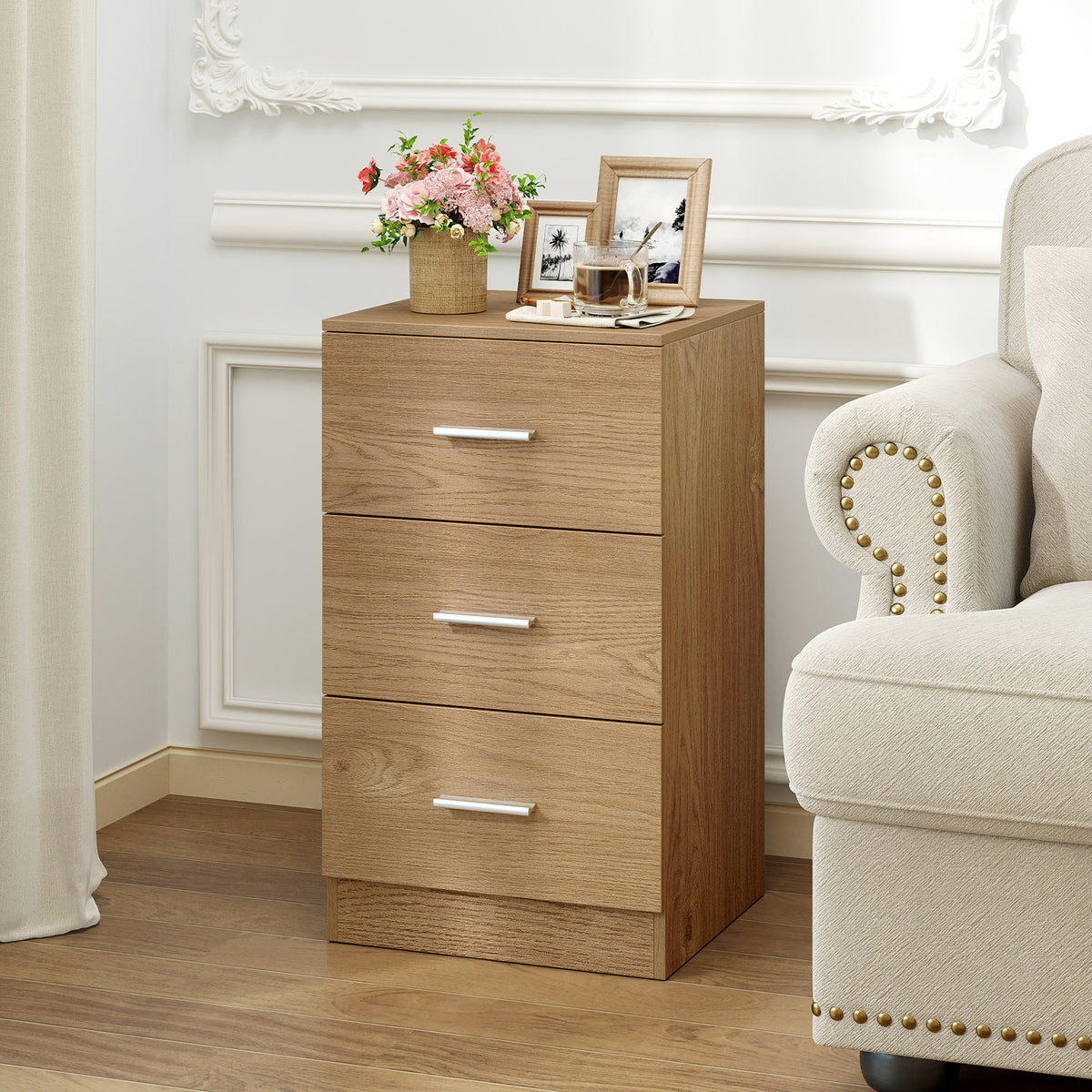 Modern Nightstand End Table with 3 Storage Drawers 2 Anti-tip Kits-Natural