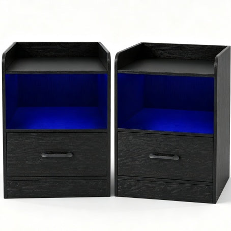Modern Nightstand with Drawer & Open Shelf and Colorful Light Strip for Bedroom-Black