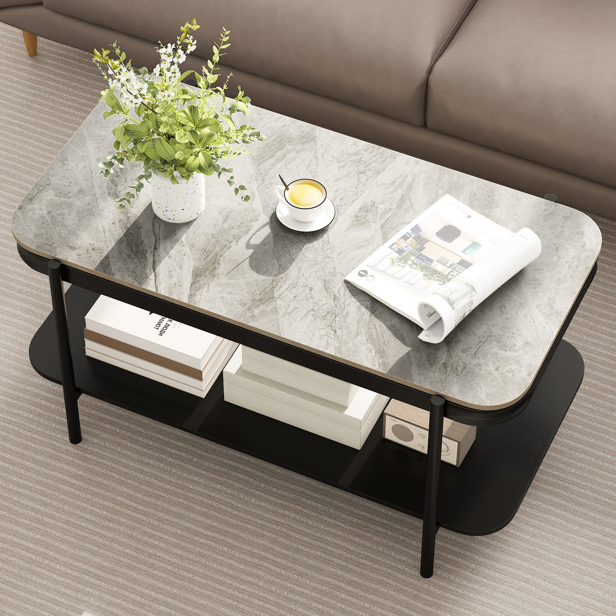 Modern Rectangular Coffee Table 2-Tier Center Table-Grey