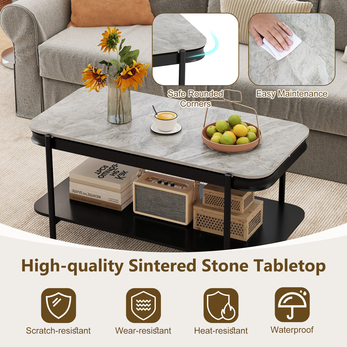 Modern Rectangular Coffee Table 2-Tier Center Table-Grey