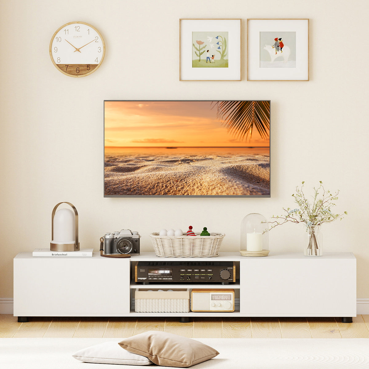 Modern TV Stand for up to 70" TVs with 2 Doors and Open Shelves-White