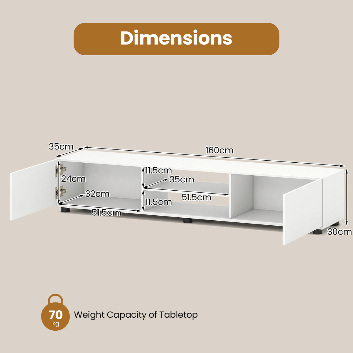 Modern TV Stand for up to 70" TVs with 2 Doors and Open Shelves-White