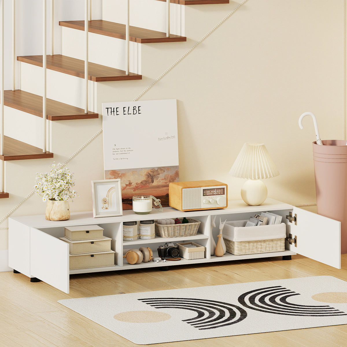 Modern TV Stand for up to 70" TVs with 2 Doors and Open Shelves-White