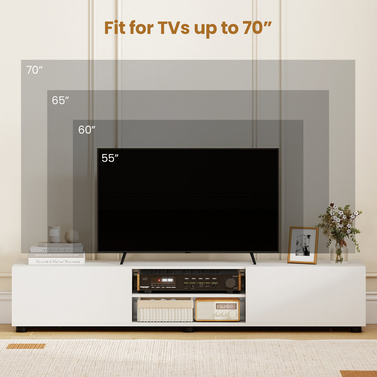 Modern TV Stand for up to 70" TVs with 2 Doors and Open Shelves-White