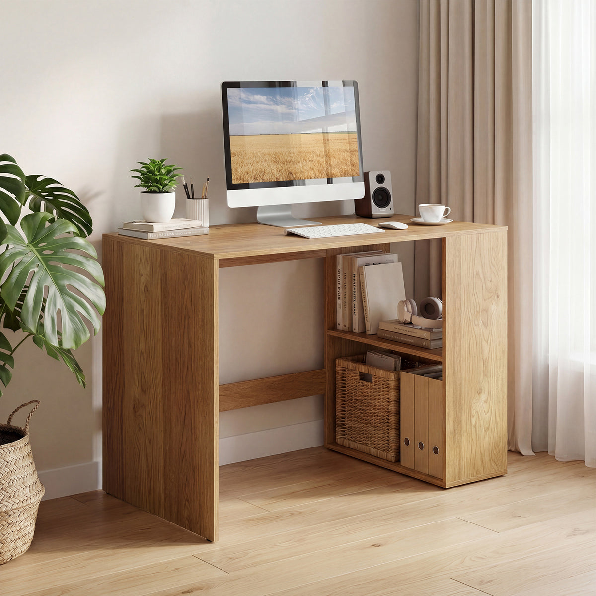 Modern Wooden Office Desk with Storage and 2 Open Shelves-Natural