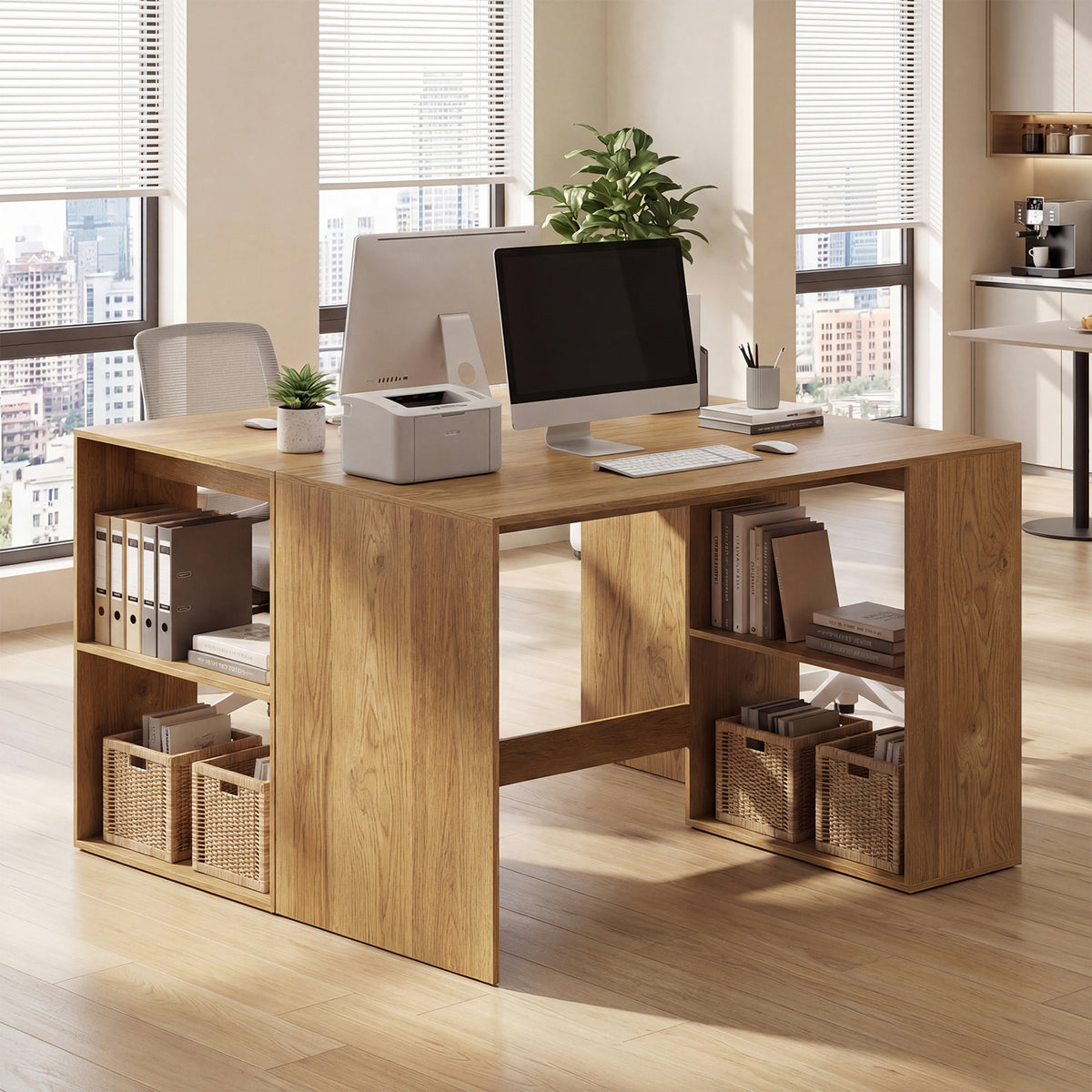 Modern Wooden Office Desk with Storage and 2 Open Shelves-Natural