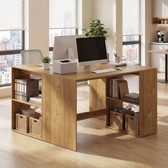 Modern Wooden Office Desk with Storage and 2 Open Shelves-Natural