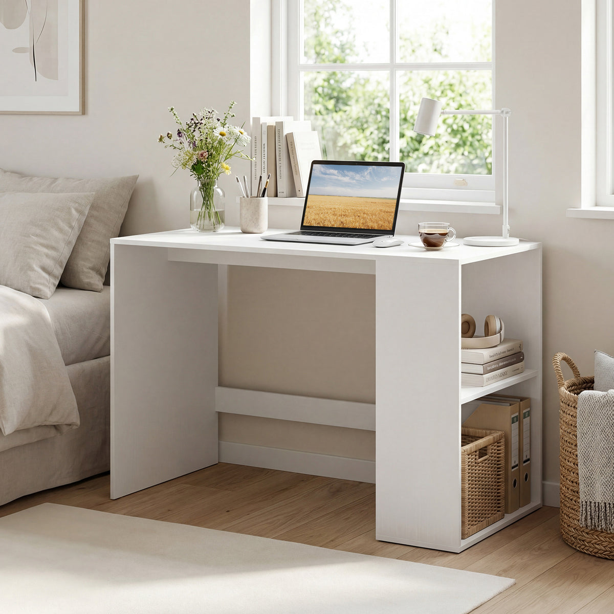 Modern Wooden Office Desk with Storage and 2 Open Shelves-Off White