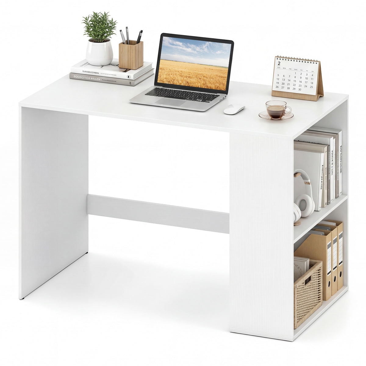 Modern Wooden Office Desk with Storage and 2 Open Shelves-Off White