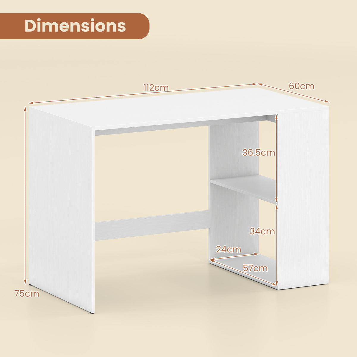 Modern Wooden Office Desk with Storage and 2 Open Shelves-Off White