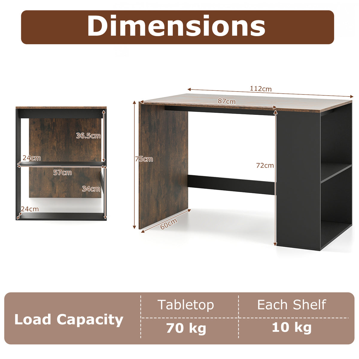 Modern Wooden Office Desk with Storage and 2 Open Shelves-Rustic Brown