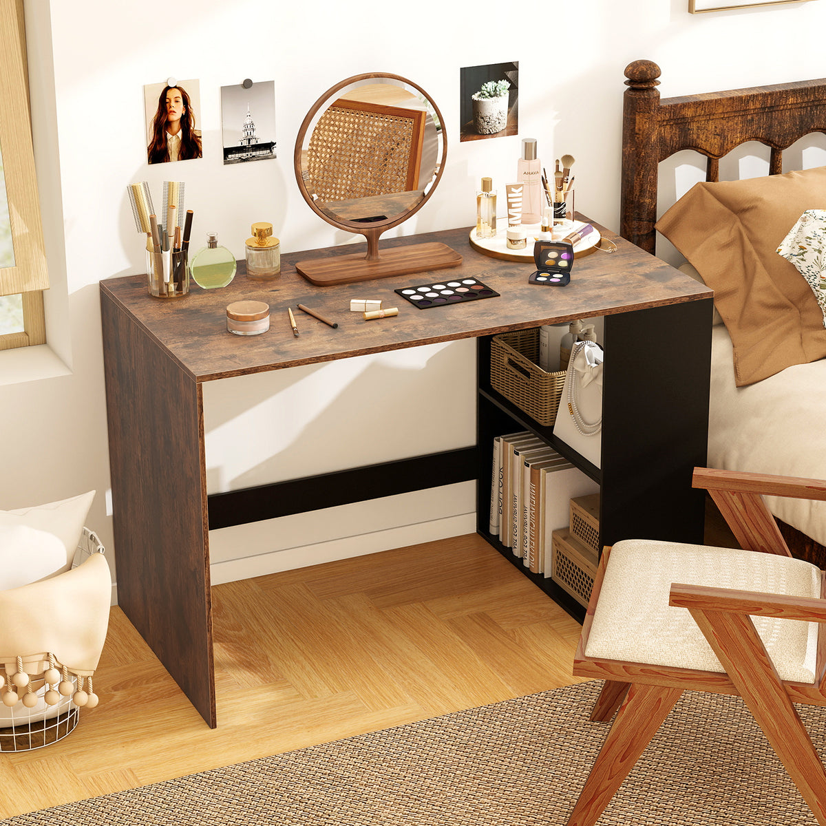 Modern Wooden Office Desk with Storage and 2 Open Shelves-Rustic Brown