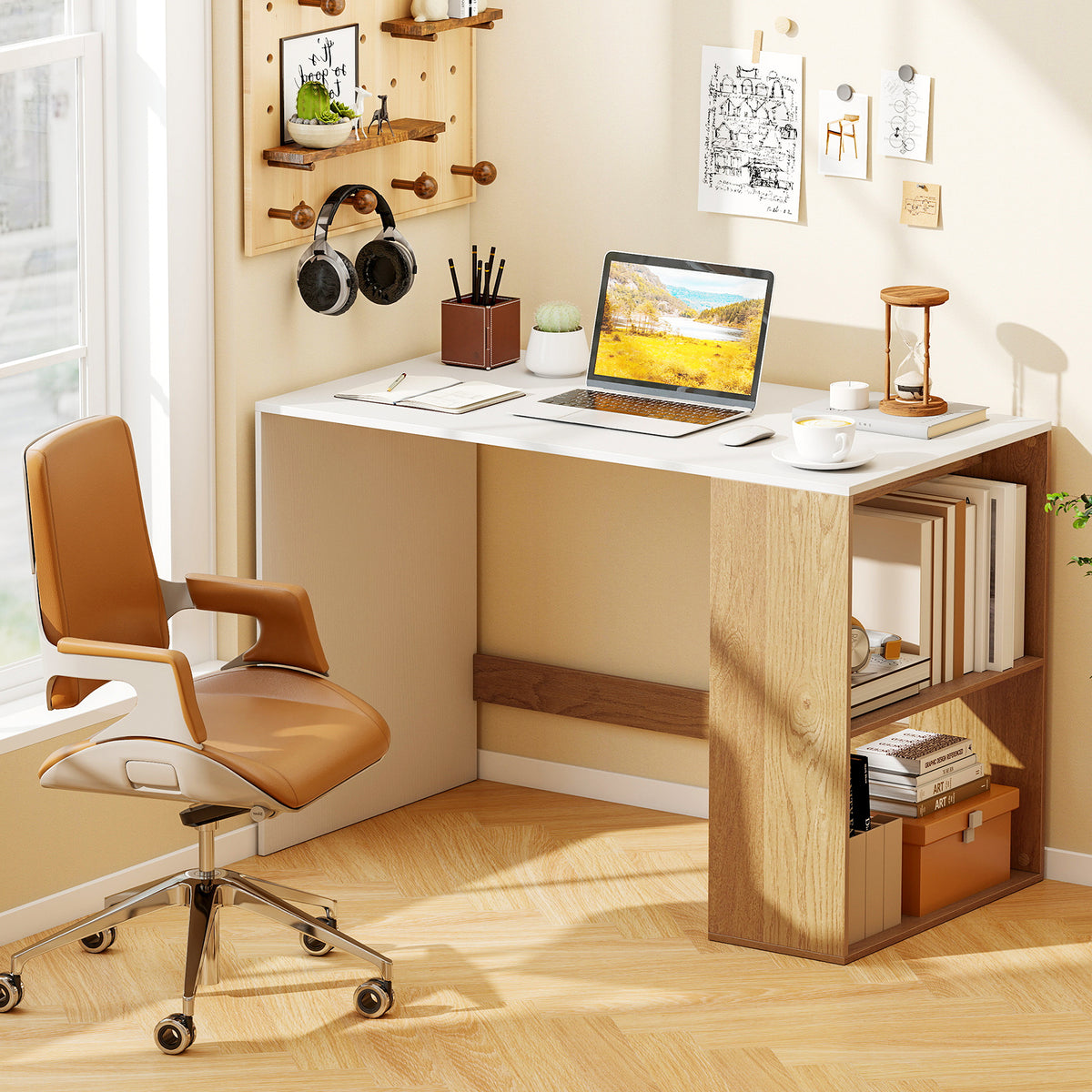 Modern Wooden Office Desk with Storage and 2 Open Shelves-White