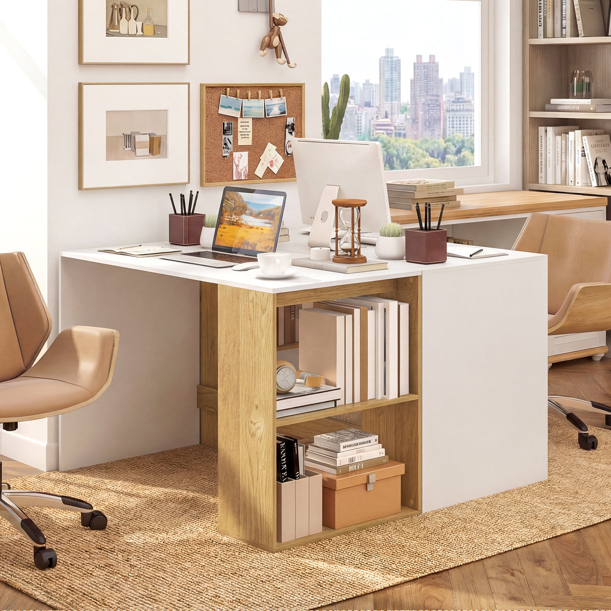 Modern Wooden Office Desk with Storage and 2 Open Shelves-White