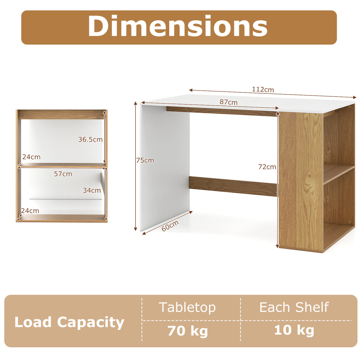 Modern Wooden Office Desk with Storage and 2 Open Shelves-White