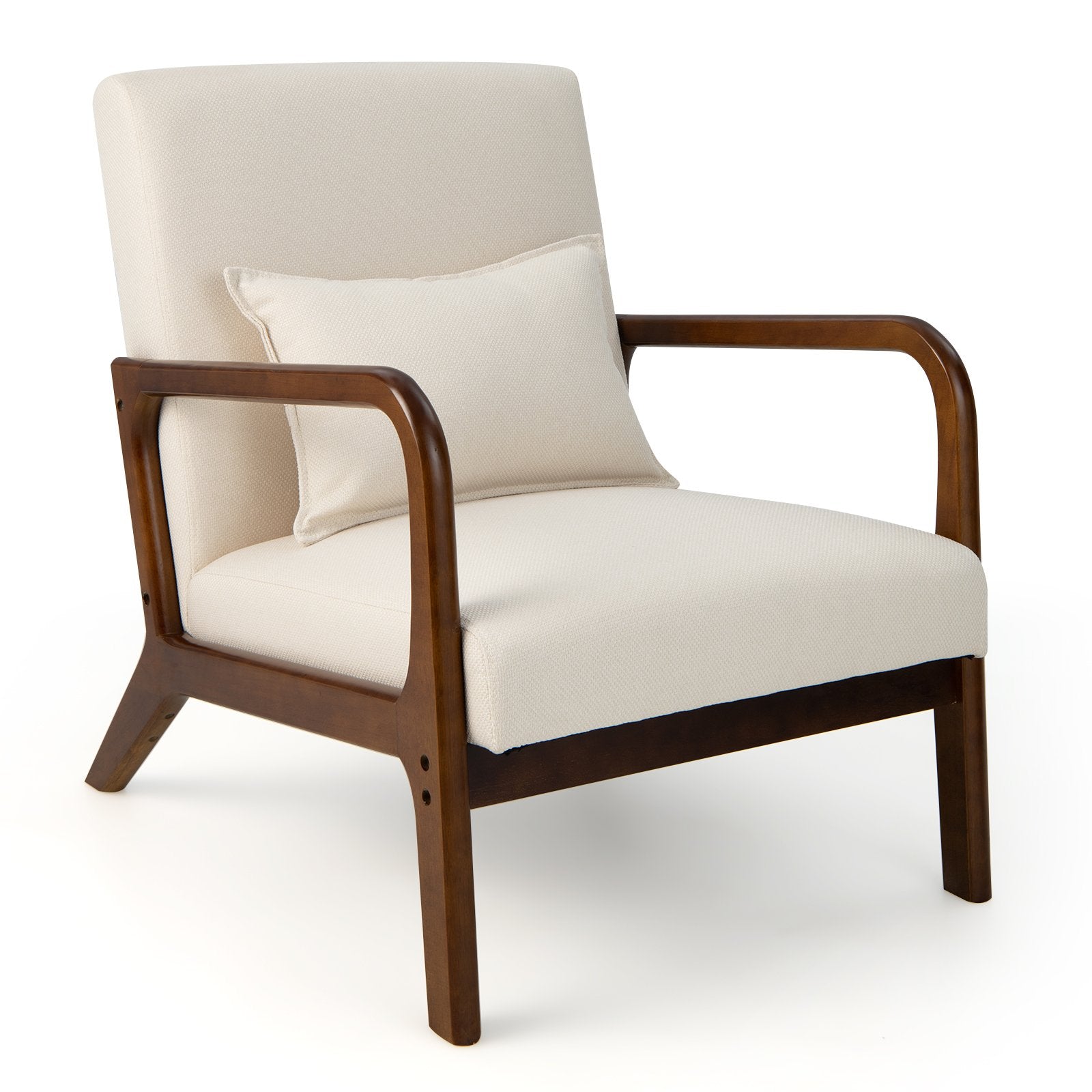 Modern Accent Chair with Lumbar Pillow and Rubber Wood Frame-Beige