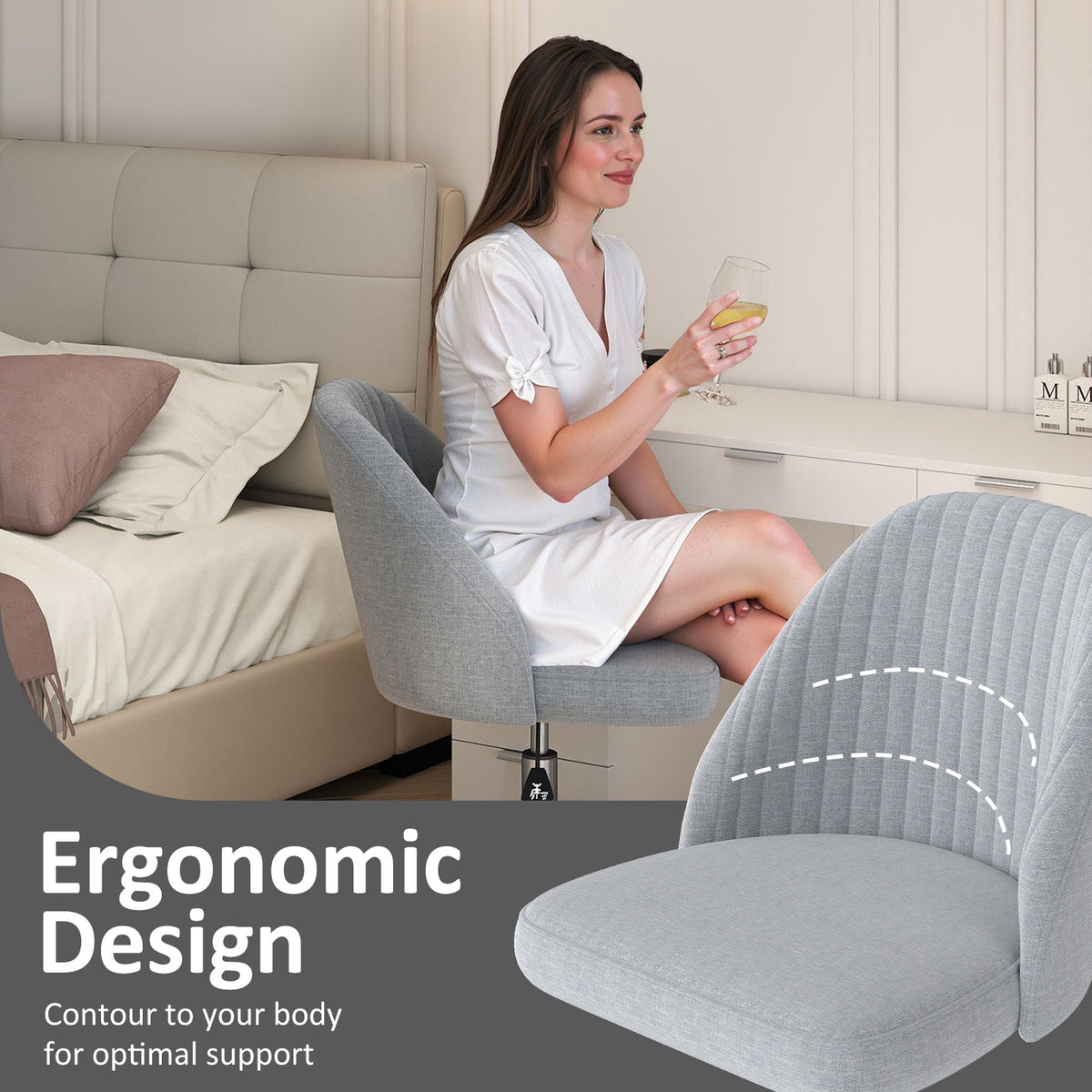 Modern Armless Office Chair with Curved Backrest and Upholstered Seat-Grey
