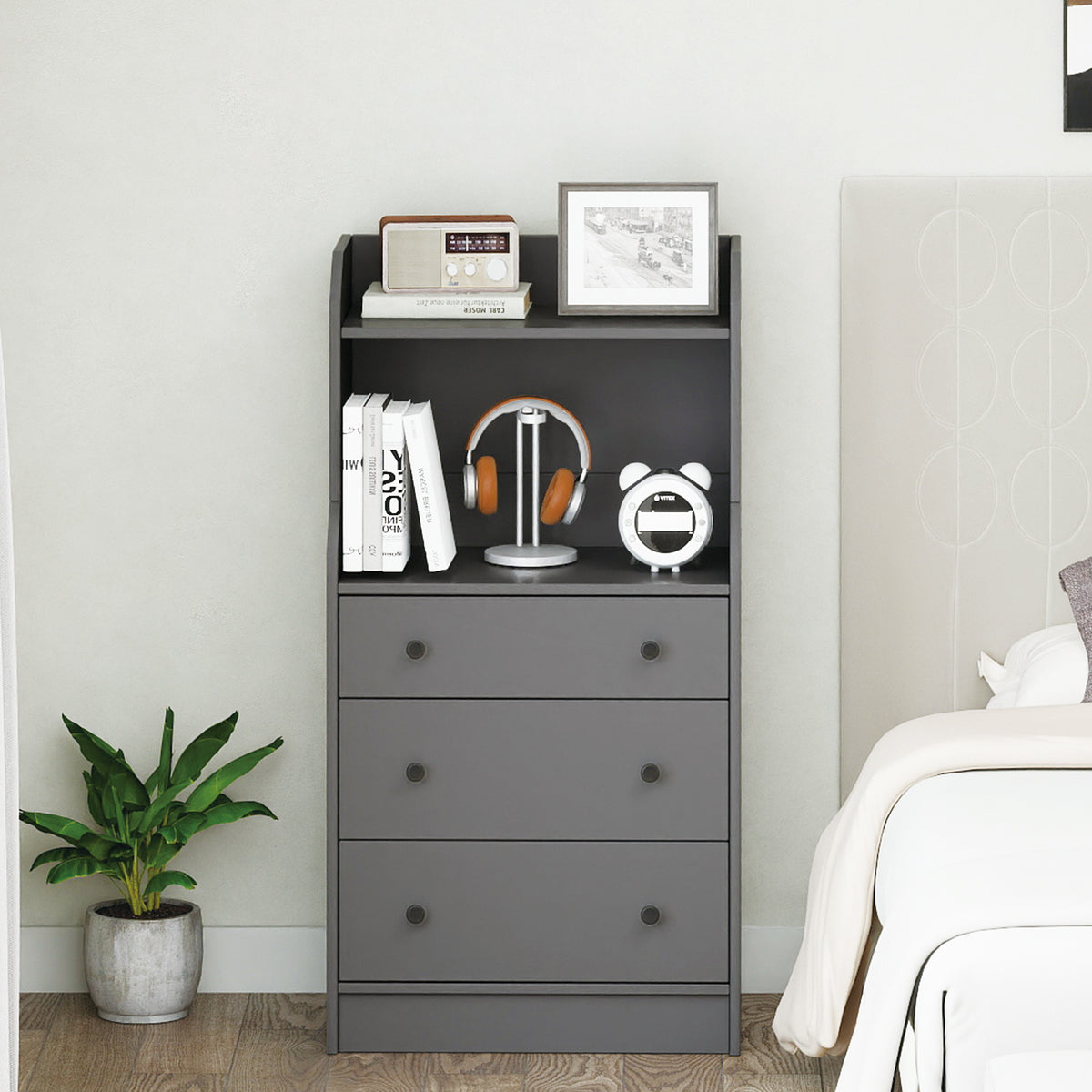 Modern Chest of Drawers Dresser with Shelves-Grey