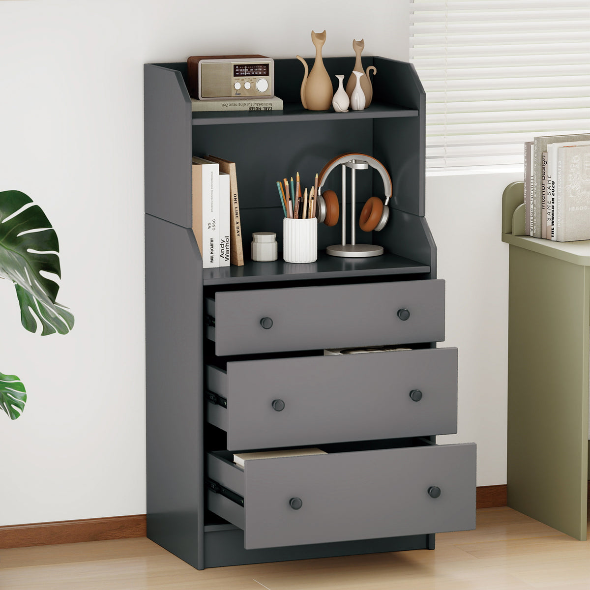 Modern Chest of Drawers Dresser with Shelves-Grey