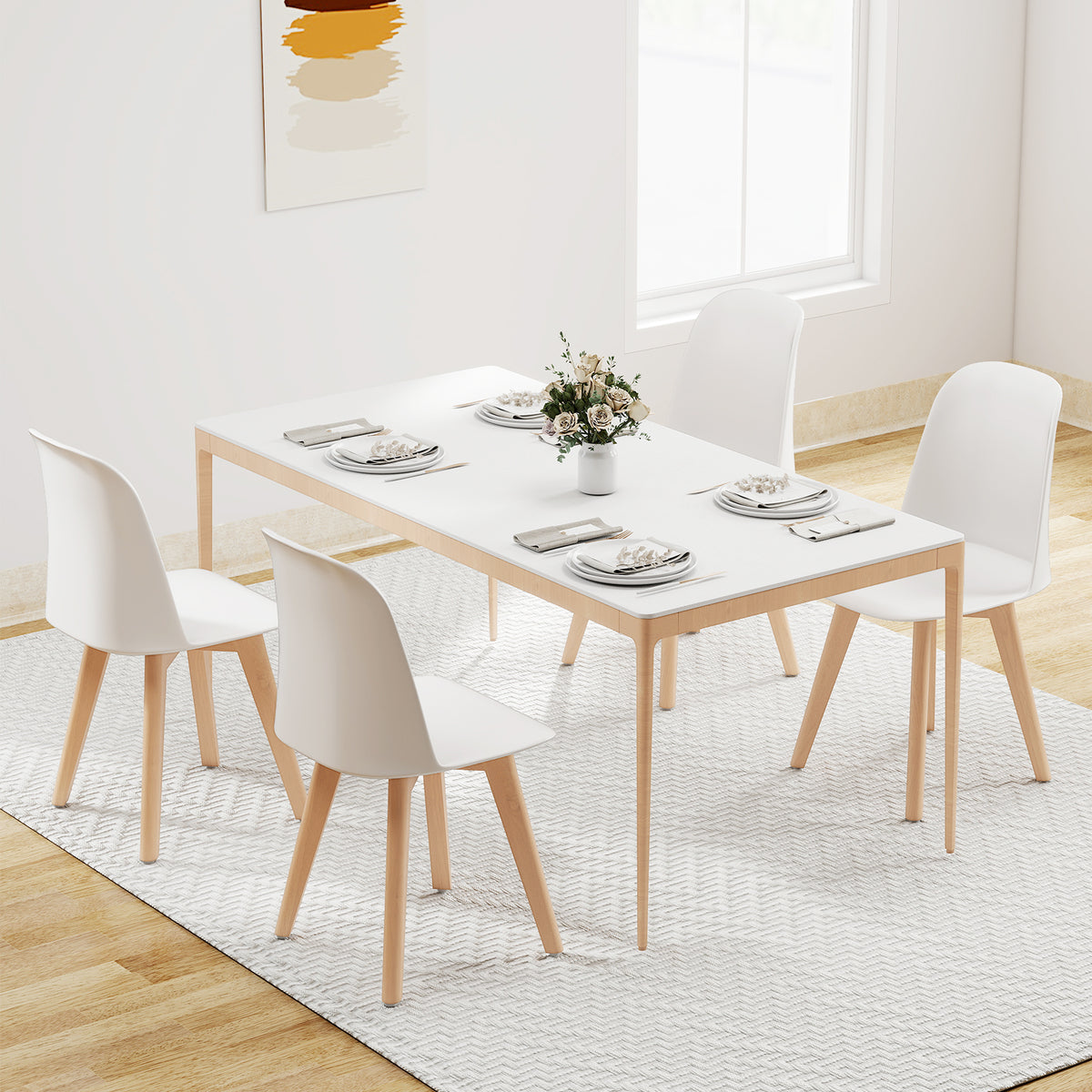 Modern Dining Chairs Set of 2 Armless Kitchen Chairs with Solid Beech Wood Legs-White