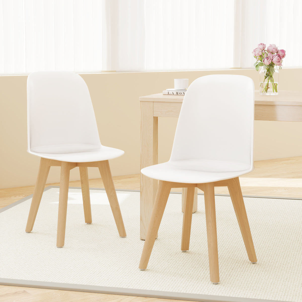 Modern Dining Chairs Set of 2 Armless Kitchen Chairs with Solid Beech Wood Legs-White