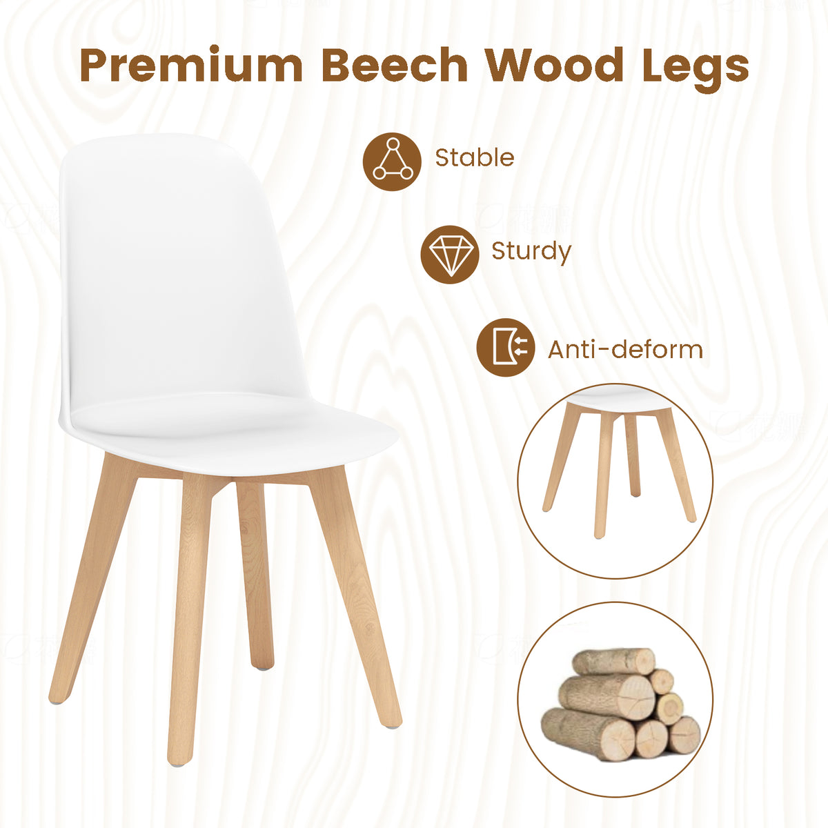 Modern Dining Chairs Set of 2 Armless Kitchen Chairs with Solid Beech Wood Legs-White