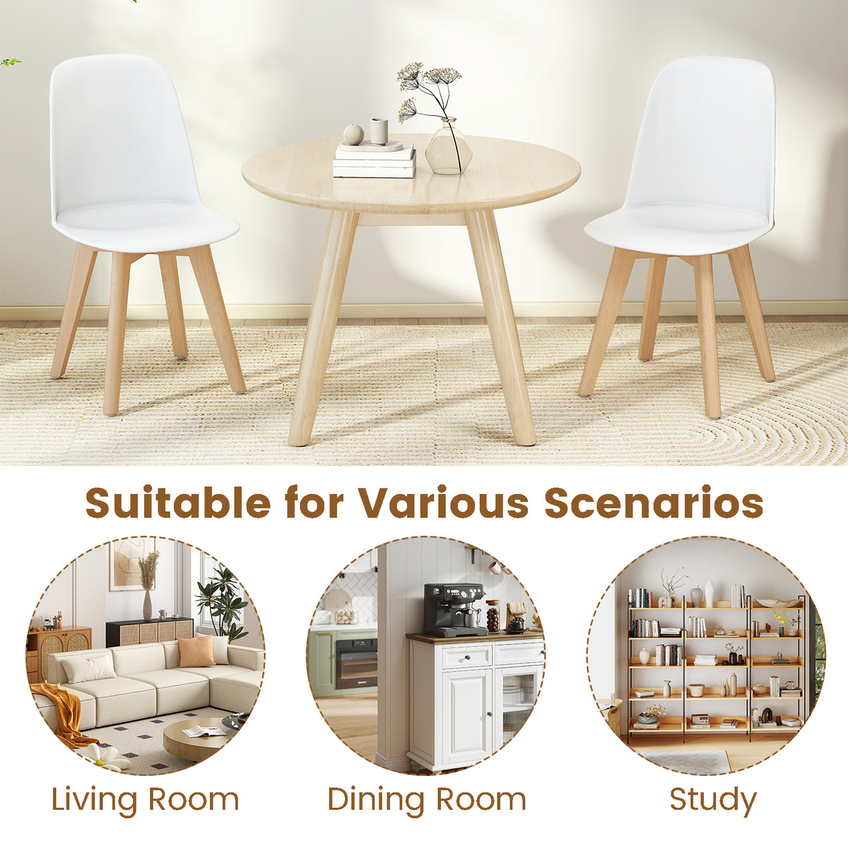 Modern Dining Chairs Set of 2 Armless Kitchen Chairs with Solid Beech Wood Legs-White
