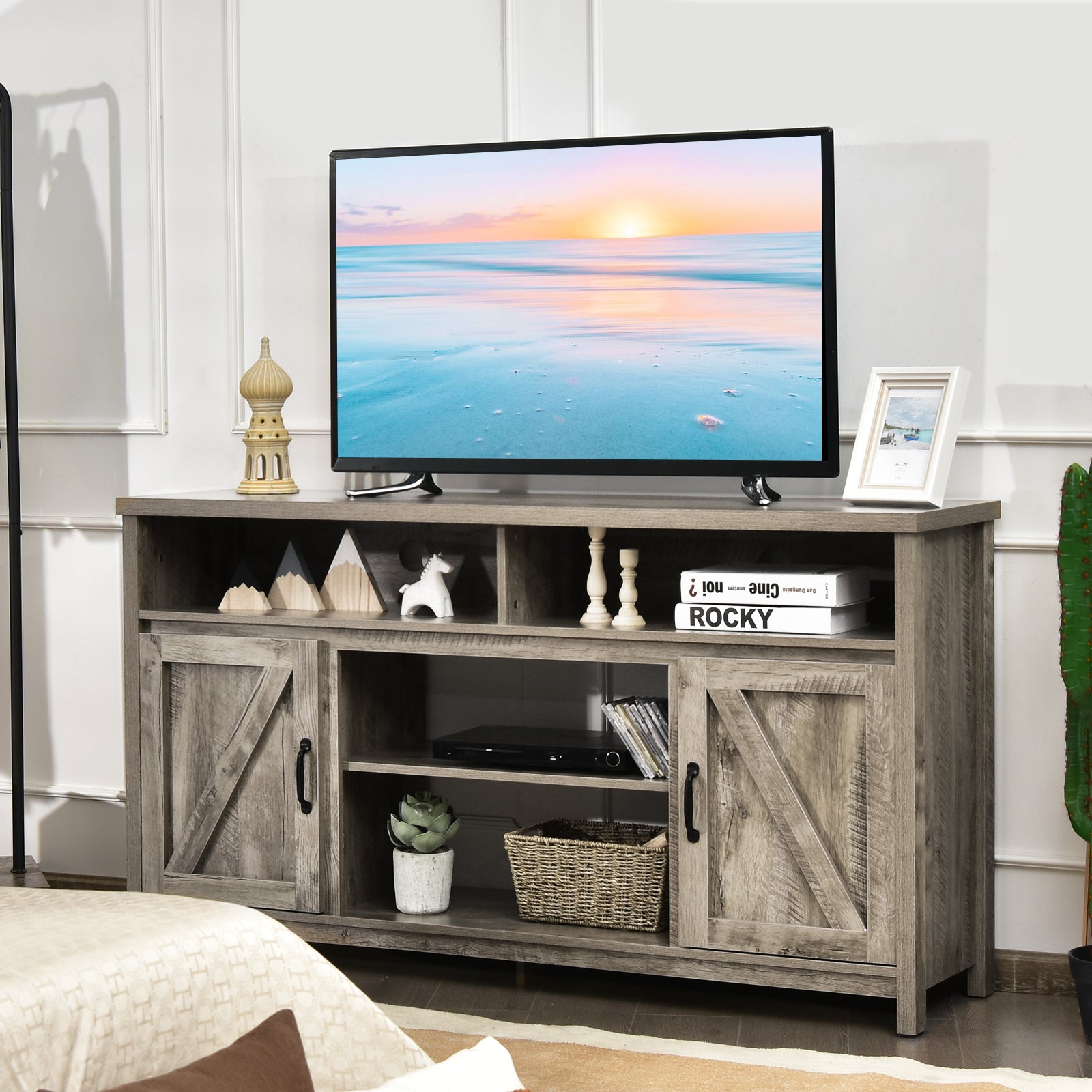 Modern Farmhouse TV Cabinet with Barn Doors for TVs Up to 65 Inches-Natural
