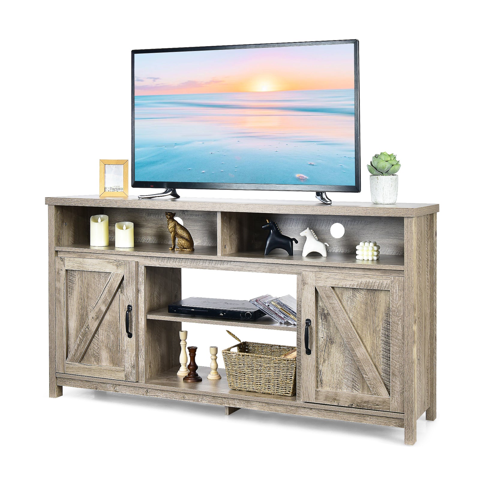 Modern Farmhouse TV Cabinet with Barn Doors for TVs Up to 65 Inches-Natural