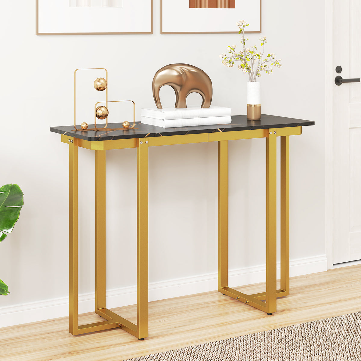 Modern Faux Marble Entryway Console Table with Geometric Metal Frame-Grey