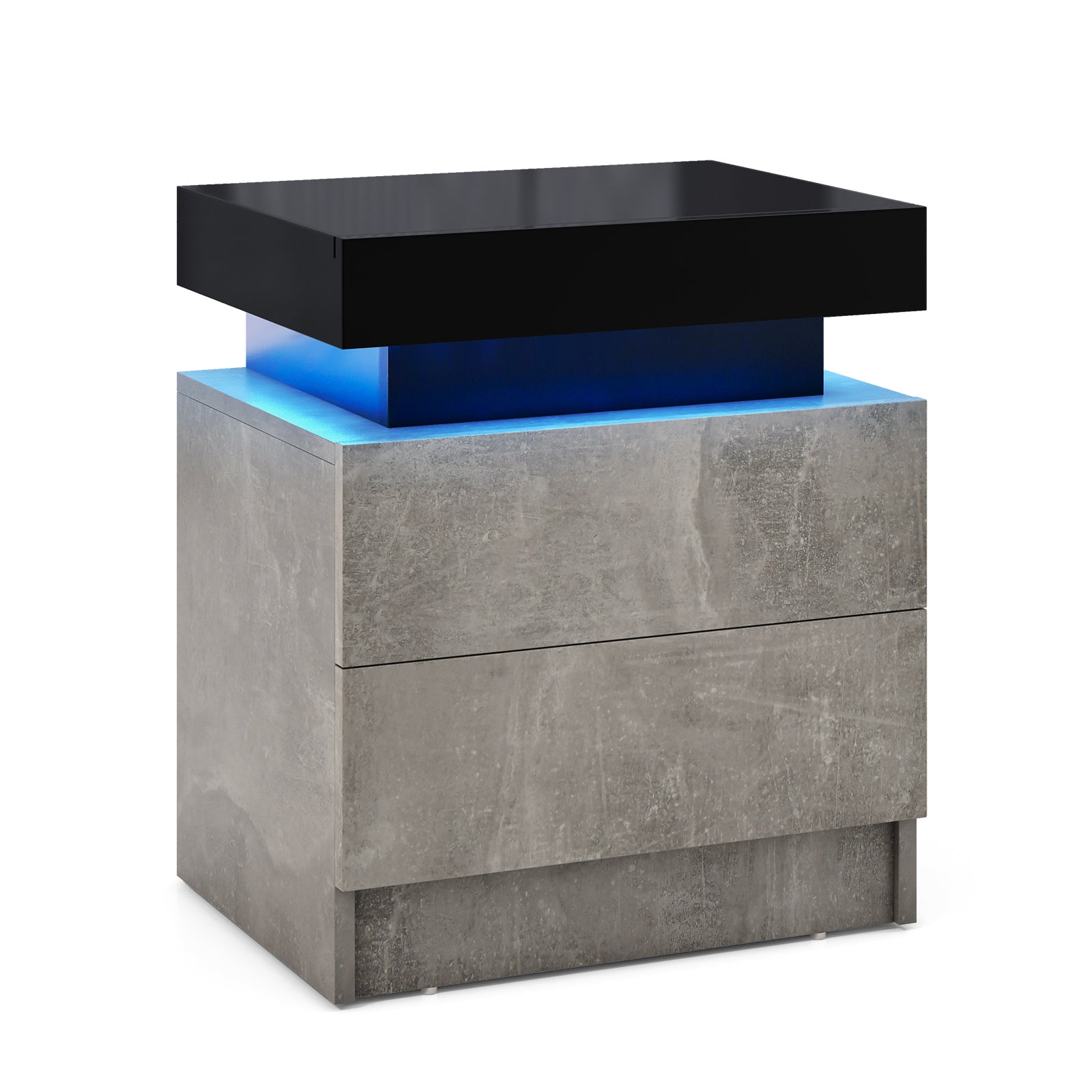 Modern Nightstand Faux Marble End Table with 2 Drawers and LED Light-Grey