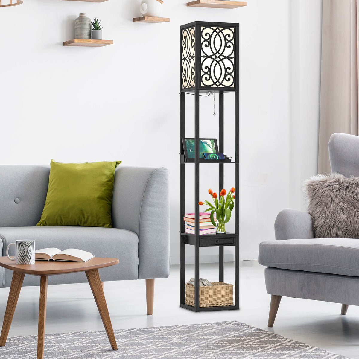 3-Layers Free-standing Light with 2 USB Charging Ports and Storage Drawer
