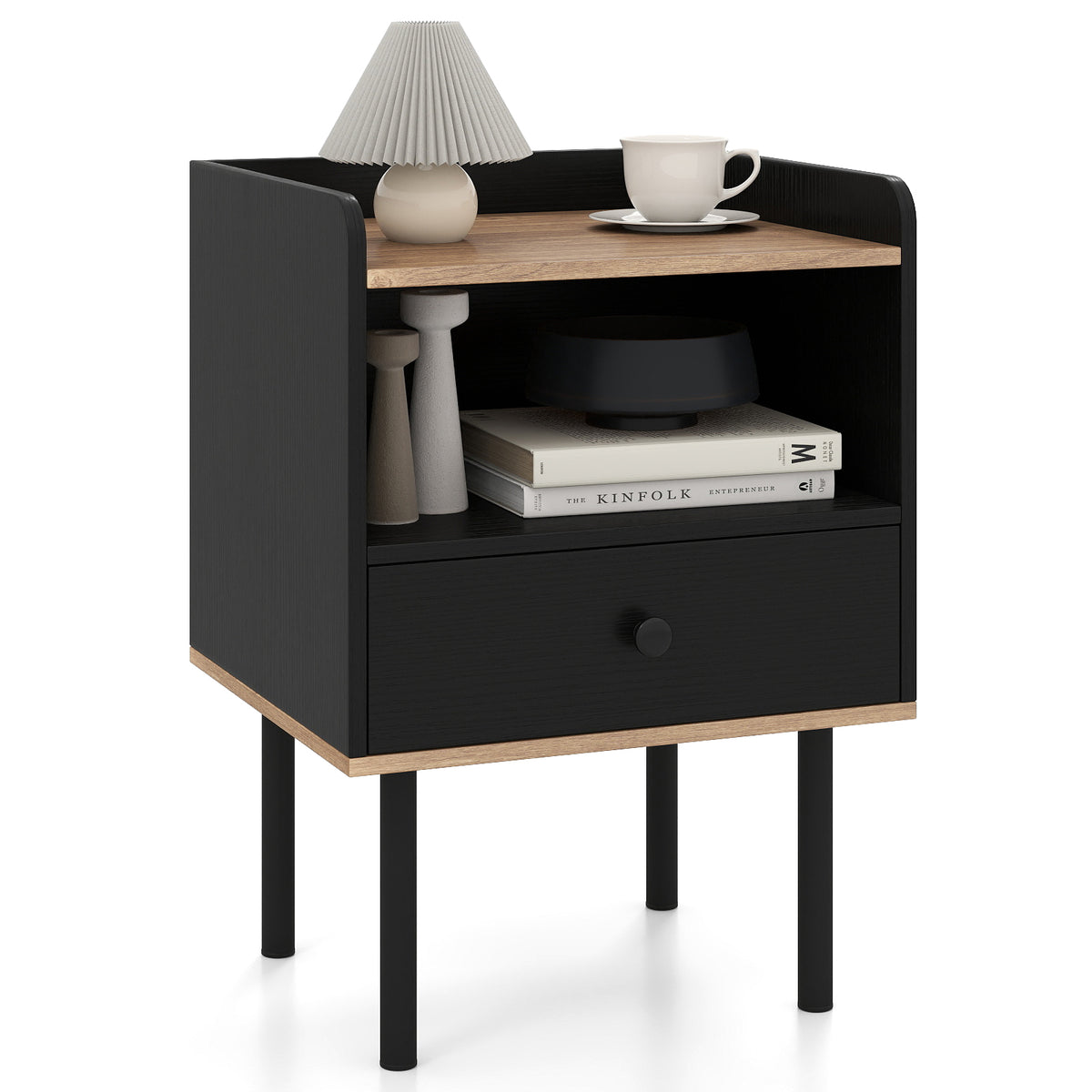 Modern Sofa Side Table with Drawer and Metal Legs for Small Spaces-Black-1 Piece