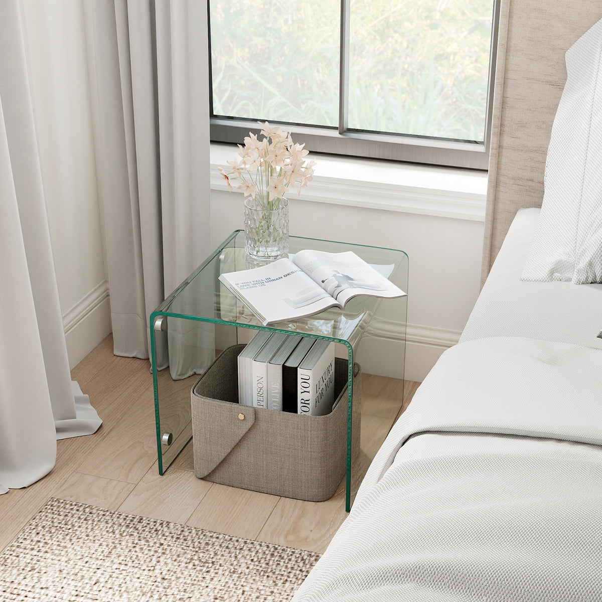 Modern Tempered Glass Side Table with 2-tier Shelf-Transparent