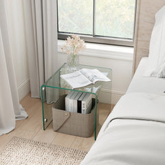 Modern Tempered Glass Side Table with 2-tier Shelf-Transparent