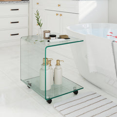 Modern Tempered Glass Side Table with 2-tier Shelf-Transparent