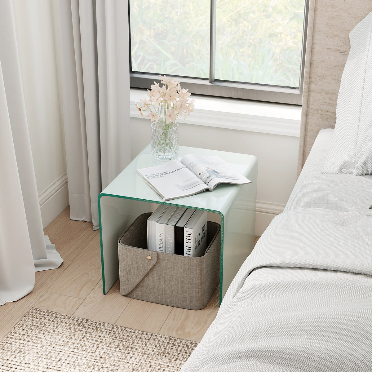 Modern Tempered Glass Side Table with 2-tier Shelf-White