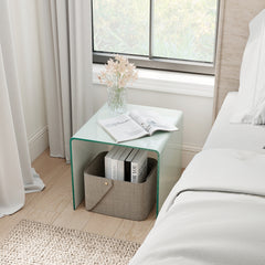 Modern Tempered Glass Side Table with 2-tier Shelf-White