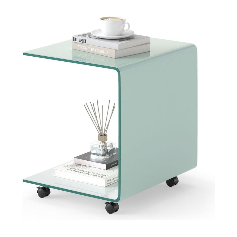 Modern Tempered Glass Side Table with 2-tier Shelf-White