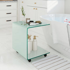 Modern Tempered Glass Side Table with 2-tier Shelf-White