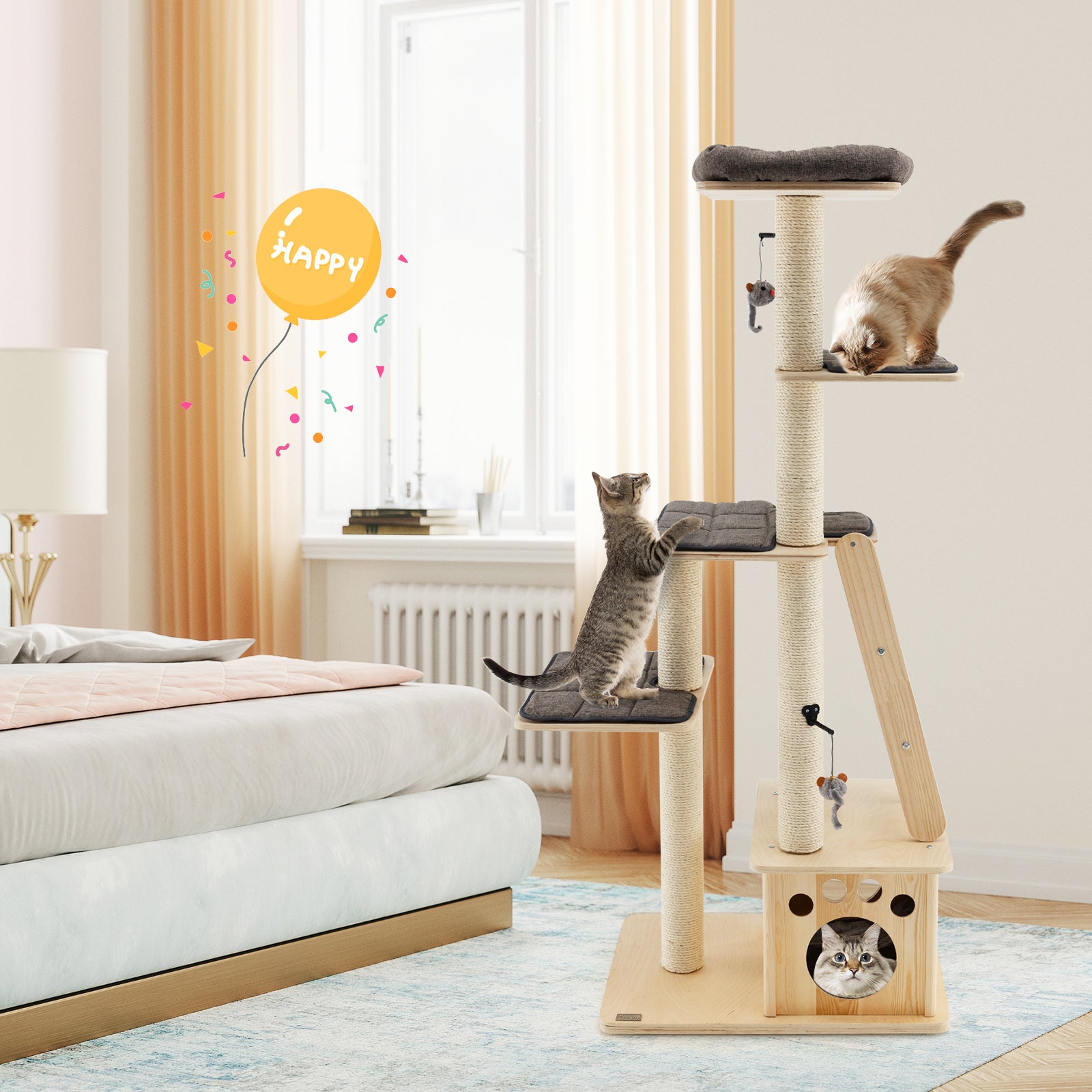 Modern Wooden Cat Tree Tower with Cat House