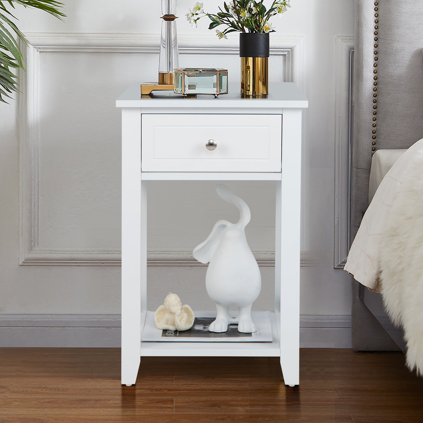 Modern X-Design Nightstand with Drawer and Bottom Storage Shelf-White