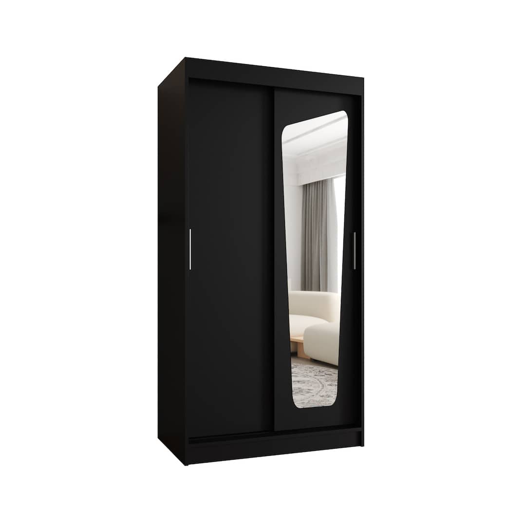 The black sliding door wardrobe with a mirrored door, shown from the front